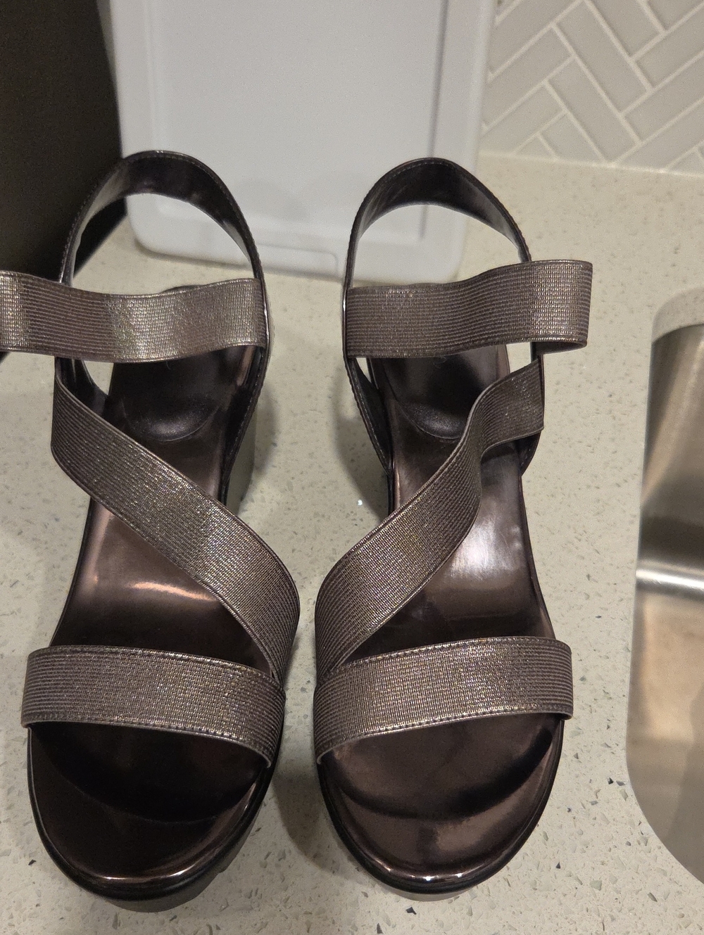 Charles By Charles David Metallic Gray Strappy Wedge Sandals